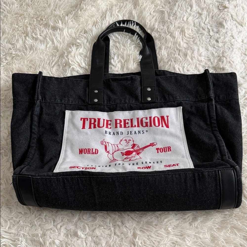 True Religion Black Canvas Tote with White Patch and Red Logo